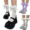 Cute Big Bowknot Hollowed Out Ruffle Frilly Calf Socks for Women Girls Japanese Elegant Sweet Lace Middle Tube Socks