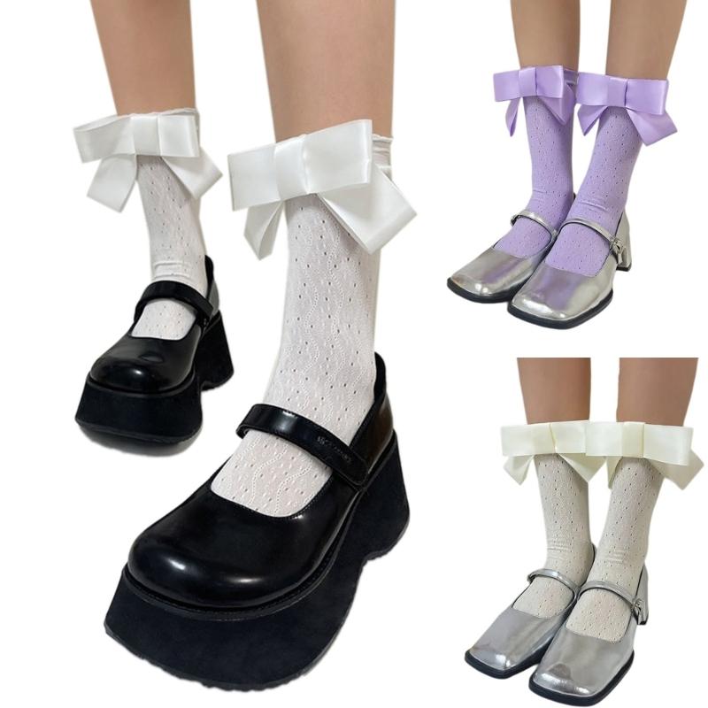 Cute Big Bowknot Hollowed Out Ruffle Frilly Calf Socks for Women Girls Japanese Elegant Sweet Lace Middle Tube Socks