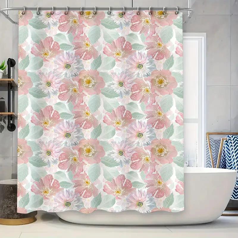 

Delicate Pink Flower Shower Curtain: Modern Style Printed Polyester Bathroom Decorative Liner Set With Hook (White Bathtub) W60H190(CM)-1 Pcs