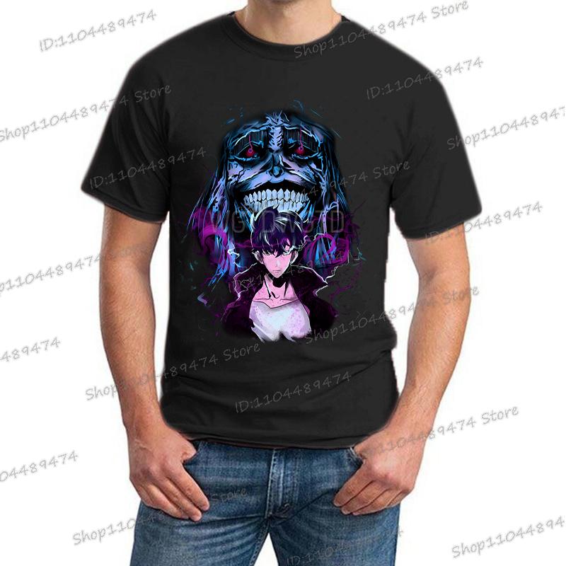 Japanese Anime Solo Leveling T Shirt Men Sung Jinwoo God Statue Cartoon Graphic Tees Harajuku Short Sleeve High Quality Tshirt