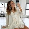 Spring and Autumn 2026 Sweet and Loose Ruffled Two-Piece V-Neck Shirt Shorts Set