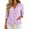 Women's Linen Shirt Button Down Three-Quarter Sleeve Casual Loose Fit with Pockets