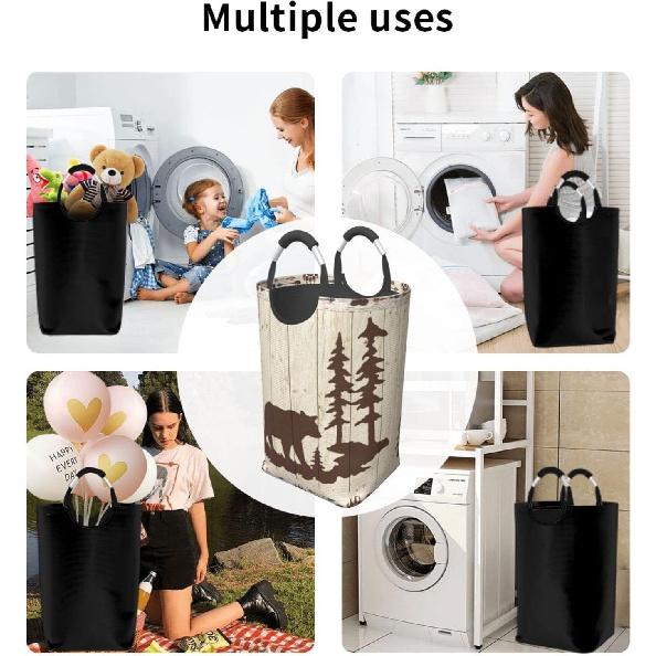 Large Laundry Basket,Wild Animals Rustic Cabin Forest Bear Paw Print Wooden Board,Laundry Hamper Collapsible Organizer Bin with Handles Washing Bin