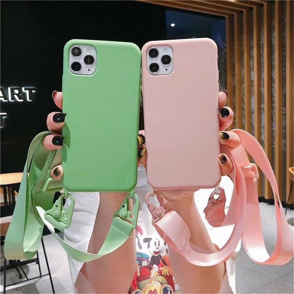Funda de Silicona con Cordón para iPhone 11 12 13 14 15 Pro Max Color Caramelo Cubierta Trasera Suave con Cordón para el Cuello.