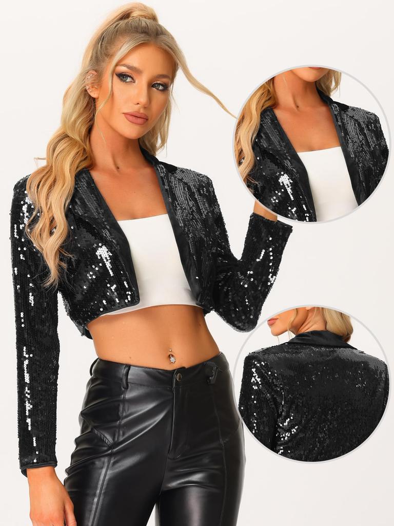 Allegra K Women's Halloween Costume Crop Jacket/Blazer, Long Sleeves, Luminous Sequins, Open Collar, Metallic Effect, Black, Size S