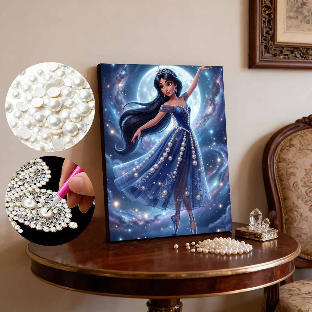 Disney Aladdin Princess Jasmine Long Black Curly Hair Exotic Arab Style Pearl-encrusted Outfit Pearl Puzzle. Handmade Decorative Gift for Home
