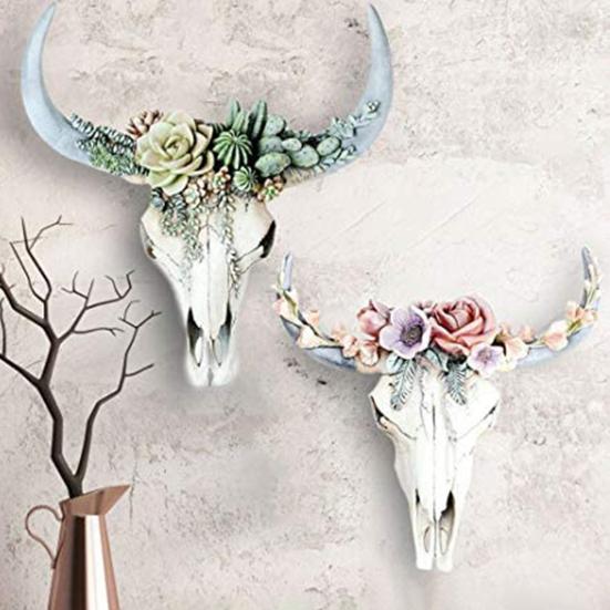 Wall Ornament Beautiful Decorative Resin Succulent/Flower Cow Skull Hanging Pendant for Room