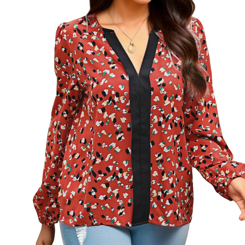 Wiosna i Jesień Damski Drukowany Temperament Elegancki Top z Długim Rękawem Czerwona Bluzka Koszula