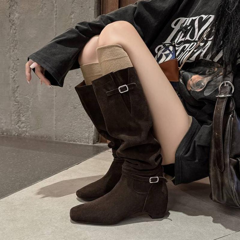Autumn and winter leather fashion boots solid color versatile square head medium heel large size women's boots new cow fleece slope heel high boots