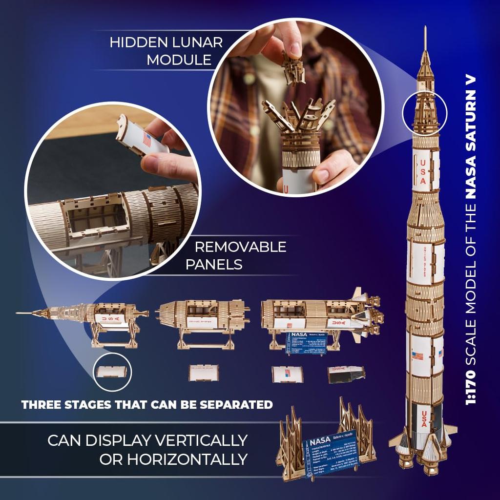 Ugears NASA Saturn V 70257 Wooden Puzzle, No Glue or Tools Required, 3D Puzzle for Adults