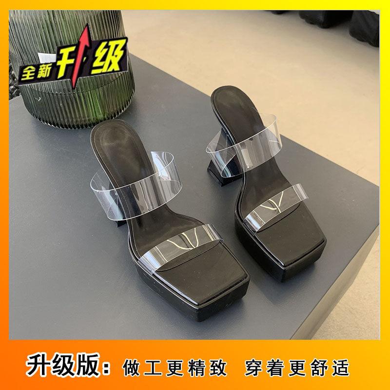 2025 nightclub sexy thick heel super high heels waterproof platform thick sole transparent square head fashion model catwalk sandals woman