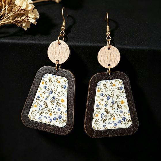 Bohemian Floral Print Retro Wooden Teardrop Earrings