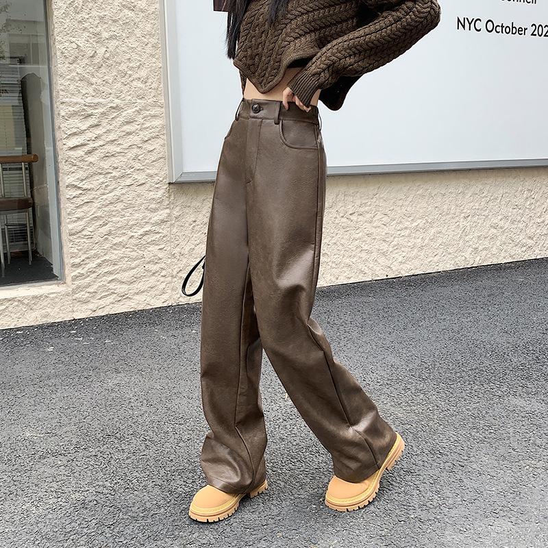 Leather Pants Women's New Coffee-colored Straight and Thin Casual Leather Pants Leather Personalized Loose Wide-leg Pants Children's Autumn and Winter