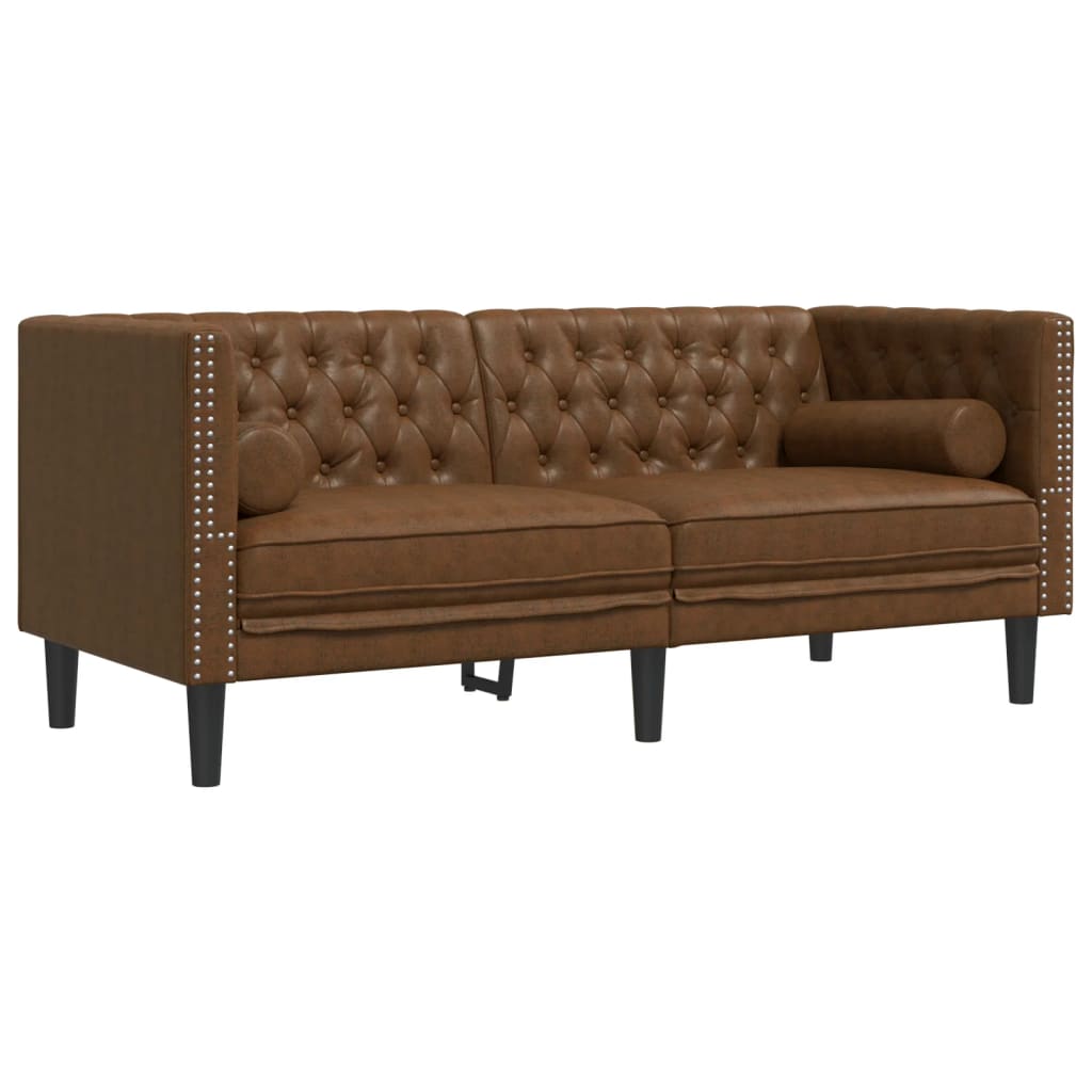 3 Piece Chesterfield Sofa Set In Brown Faux Leather with Suede Like Texture