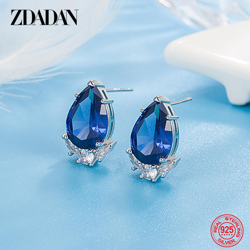 

925 Sterling Silver Water Drop Zircon Earring for Women Wedding Jewelry синий