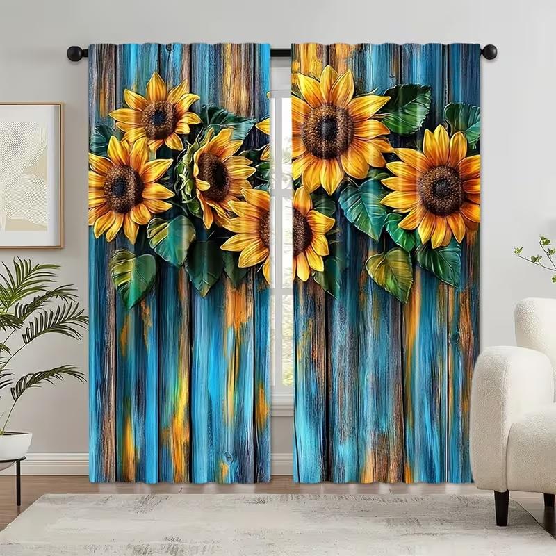 Set Of 2 Wooden Board Sunflower Print Curtains Suitable Bedroom Living Room Kitchen Decoration Home Window Curtain Polyester Perfect For Area