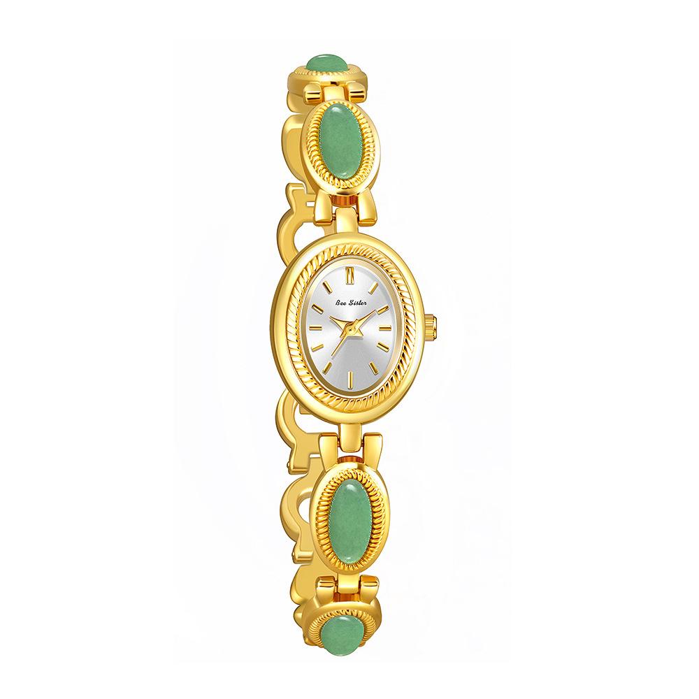 Women Retro Green Jade Gemstone Bracelet Watch, Vintage Oval Quartz Ladies Dress Wrist Watch with Gold Alloy Jewelry Strap