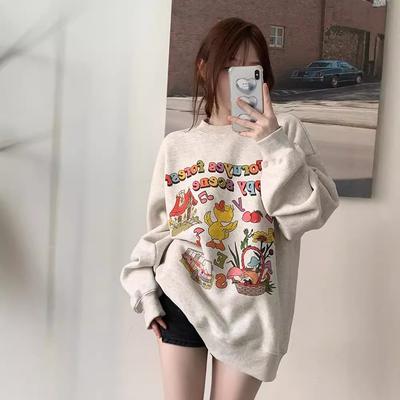 Cute Cartoon Printed Hoodless Sweater Women's Autumn and Winter Loose and Thin Velvet Thickened Versatile Casual Clothes