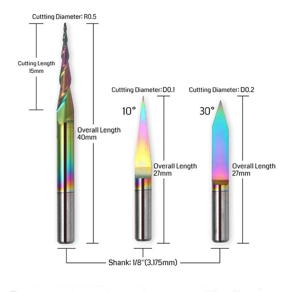 3PCS Carbide Steel V Shape Taper Ball Nose End Mill 1/8 Shank CNC Router Bit Wood PCB Milling Cutter Set HRC55 Hardness
