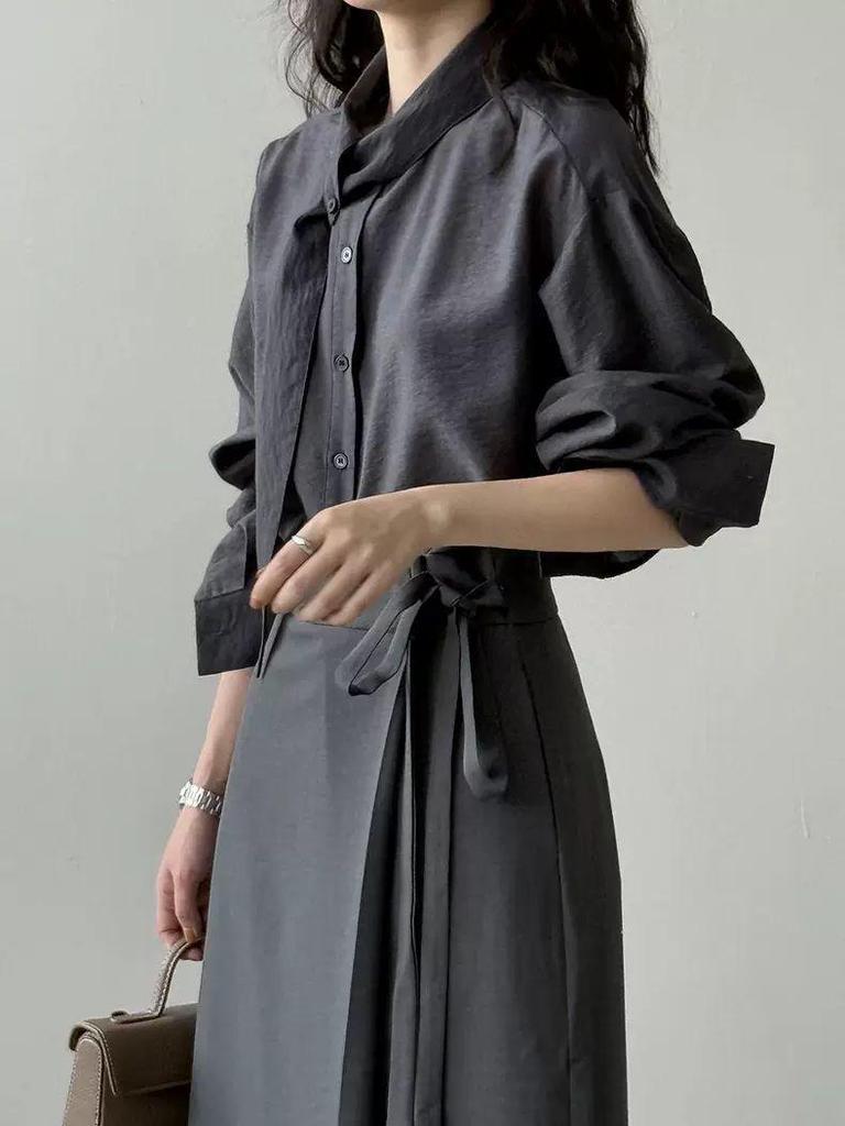 Korean-Style Scarf Collar Women's Long Sleeve Shirt - Spring/Autumn Loose-Fit French Top