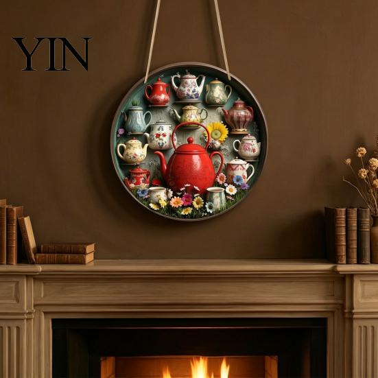 Entryway Wall Ornament Wooden Vintage Teapot Decoration, Farmhouse Rustic Art, Tea Nostalgic Art Pot Theme Sculpture for Kitchen Coffee Corner Sign