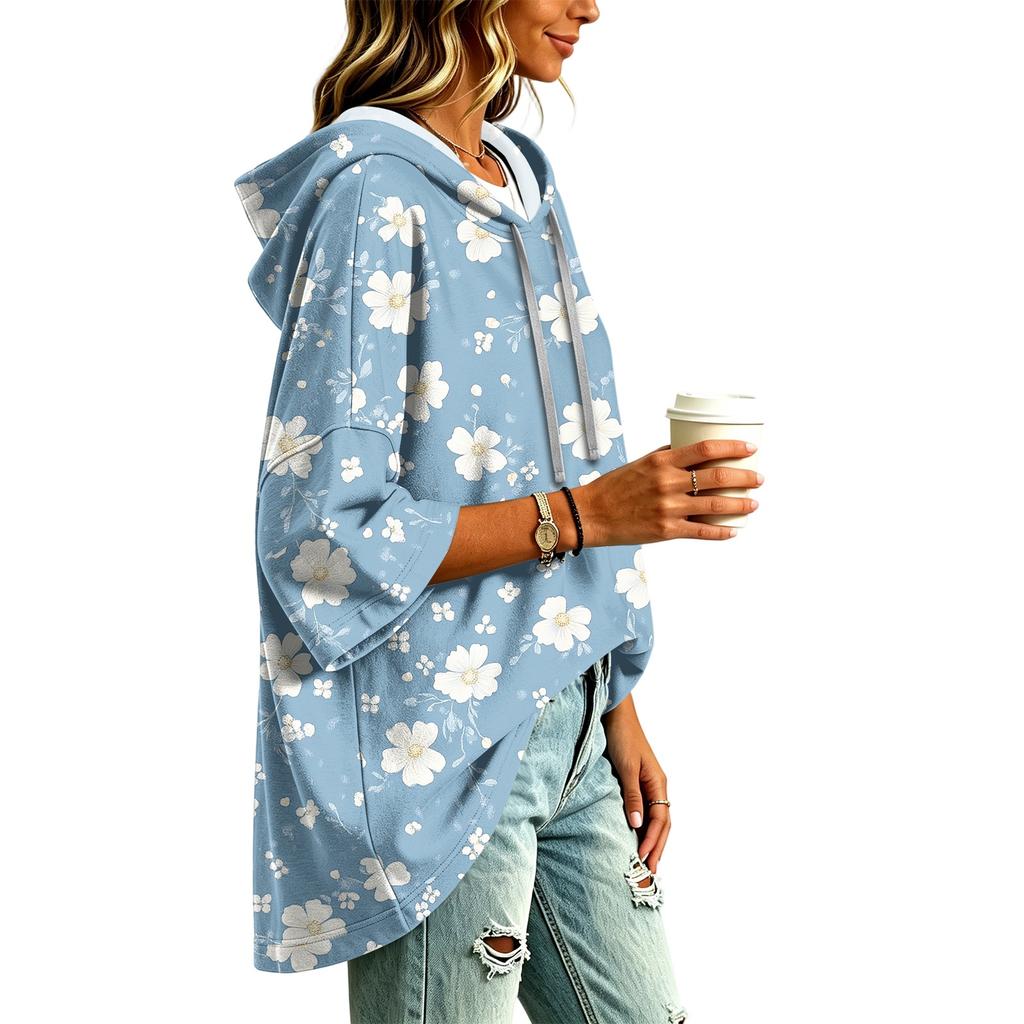 Women's Vintage Floral Print Hooded Pullover Top with Three-Quarter Sleeves for Casual Everyday Wear