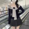 Korean Gentle Pure Desire Long-sleeved T-shirt Women's Autumn New College Striped Straps Splicing Thin Off-the-shoulder Top