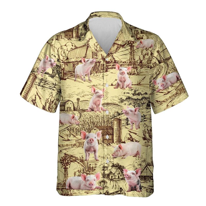 Funny Animal Pig 3D Printed Beach Shirt Cute Pet Graphic Shirts For Men Clothes Casual Hawaiian Surfing Short Sleeve Boy Blouses