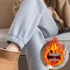 Graue High-Waist Fleece-gefütterte Jogginghose für Damen – Frühjahr 2026 Stil, Verdickt mit Winter-Lammwolle, Mit Bündchen.