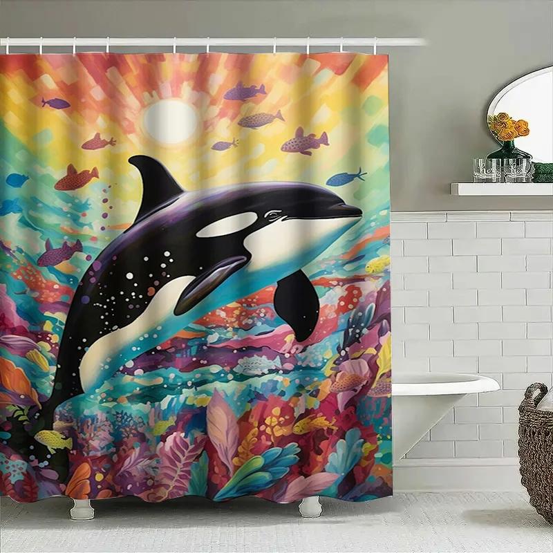 Bright Blue Whale Shower Curtain Underwater Ocean Life Print For Bathroom Decor Extra Long Water Repellent Fabric