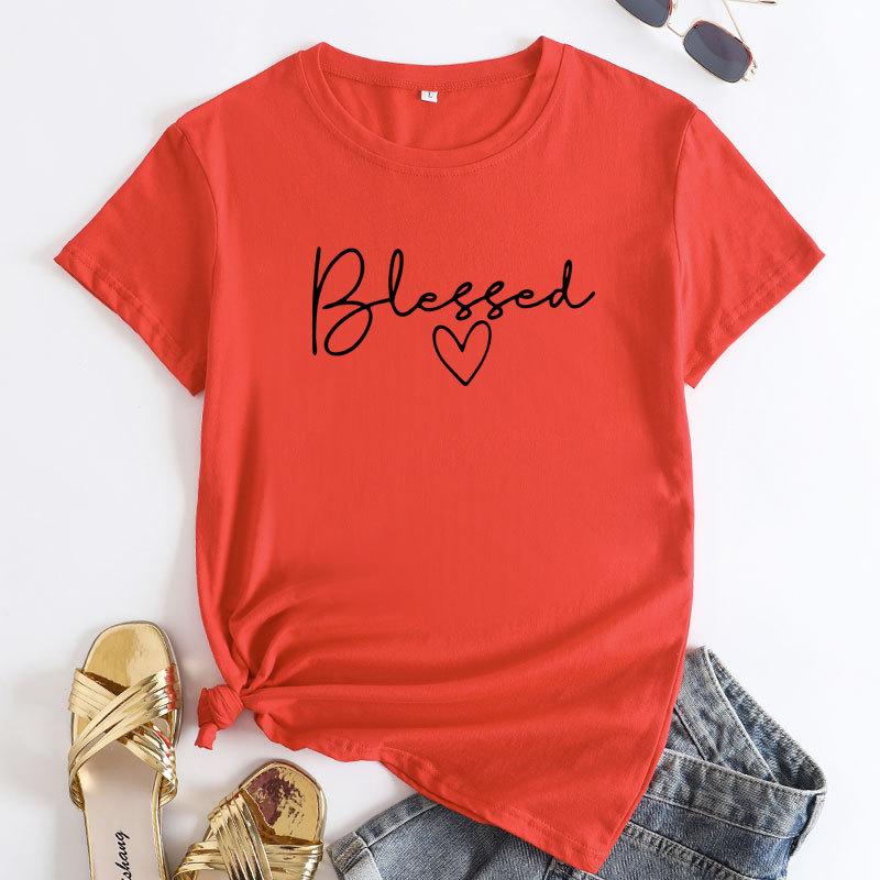 Summer Round Neck Letter Blessed Printed Top Fashionable Casual Short Sleeved Women's Pure Cotton T-shirts