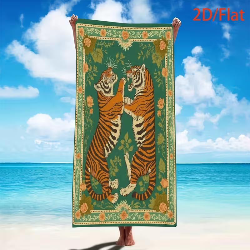 Tijger Bloemenprint Strandlaken Vintage Sierlijk Botanisch Patroon Sneldrogend Zacht Absorberend Zandvrij Handdoek voor Zomer Zwembad Reizen