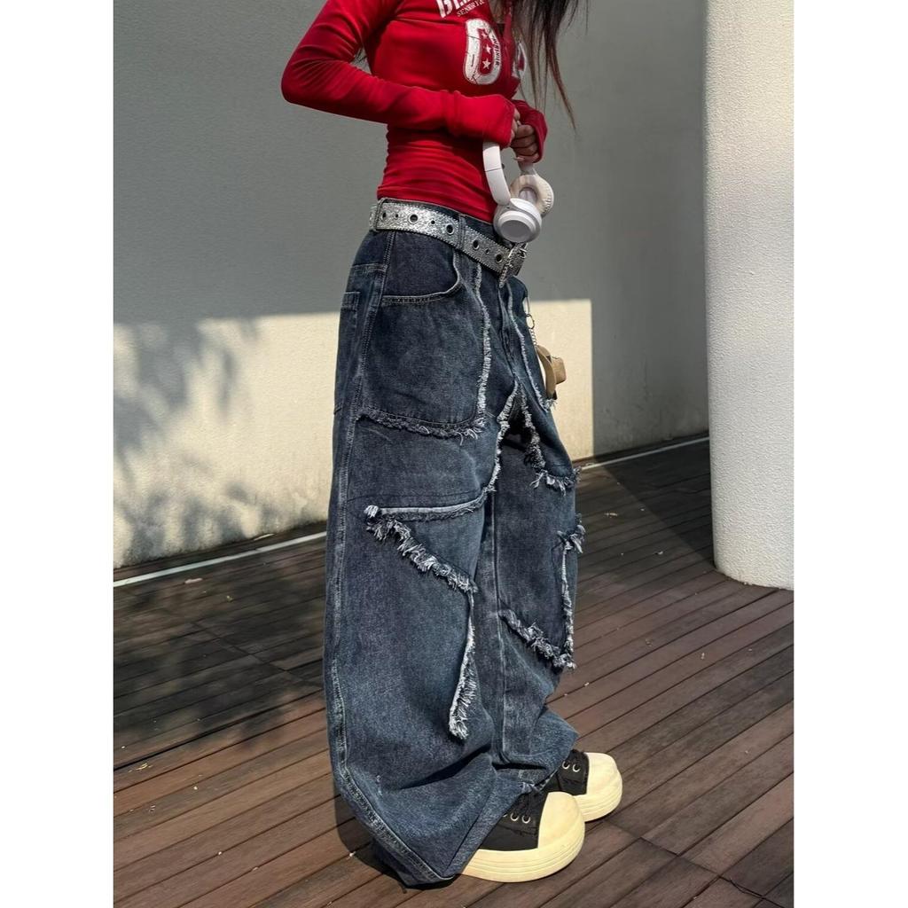 Distressed Retro Ripped Jeans im Wasteland-Stil: Damen Locker fallende Straight-Leg Wide Pants für den Herbst