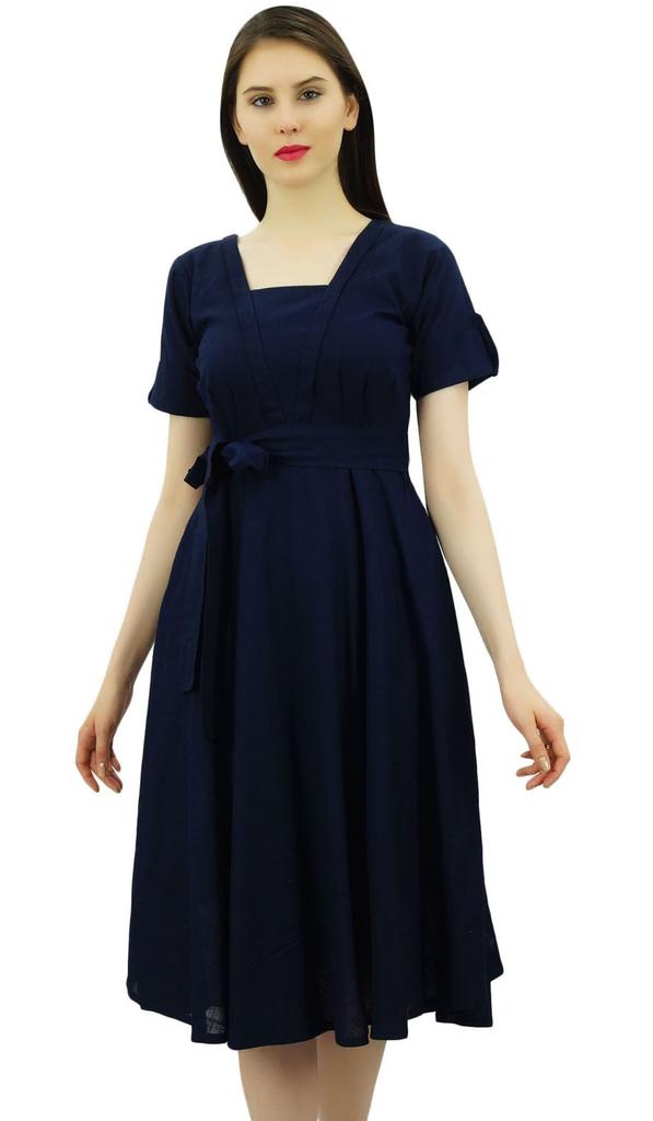 Bimba Damen Kurzarm Leinen Etuikleid Mit Gürtel Freizeitkleider