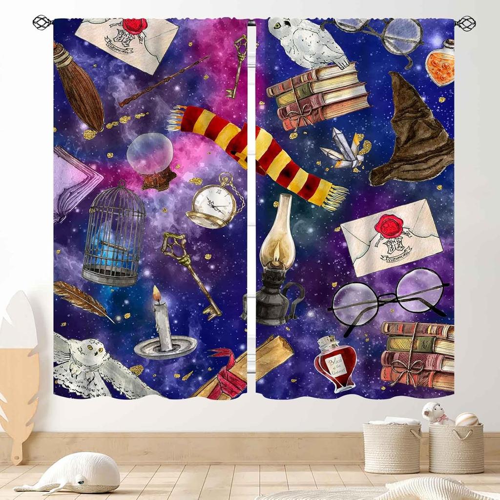 Witchy Curtains Fantasy Magical Bookshelf Mysterious Bookcase Skull Spooky Gothe Window Drapery Treatments Vintage Blackout Made Of Polyester