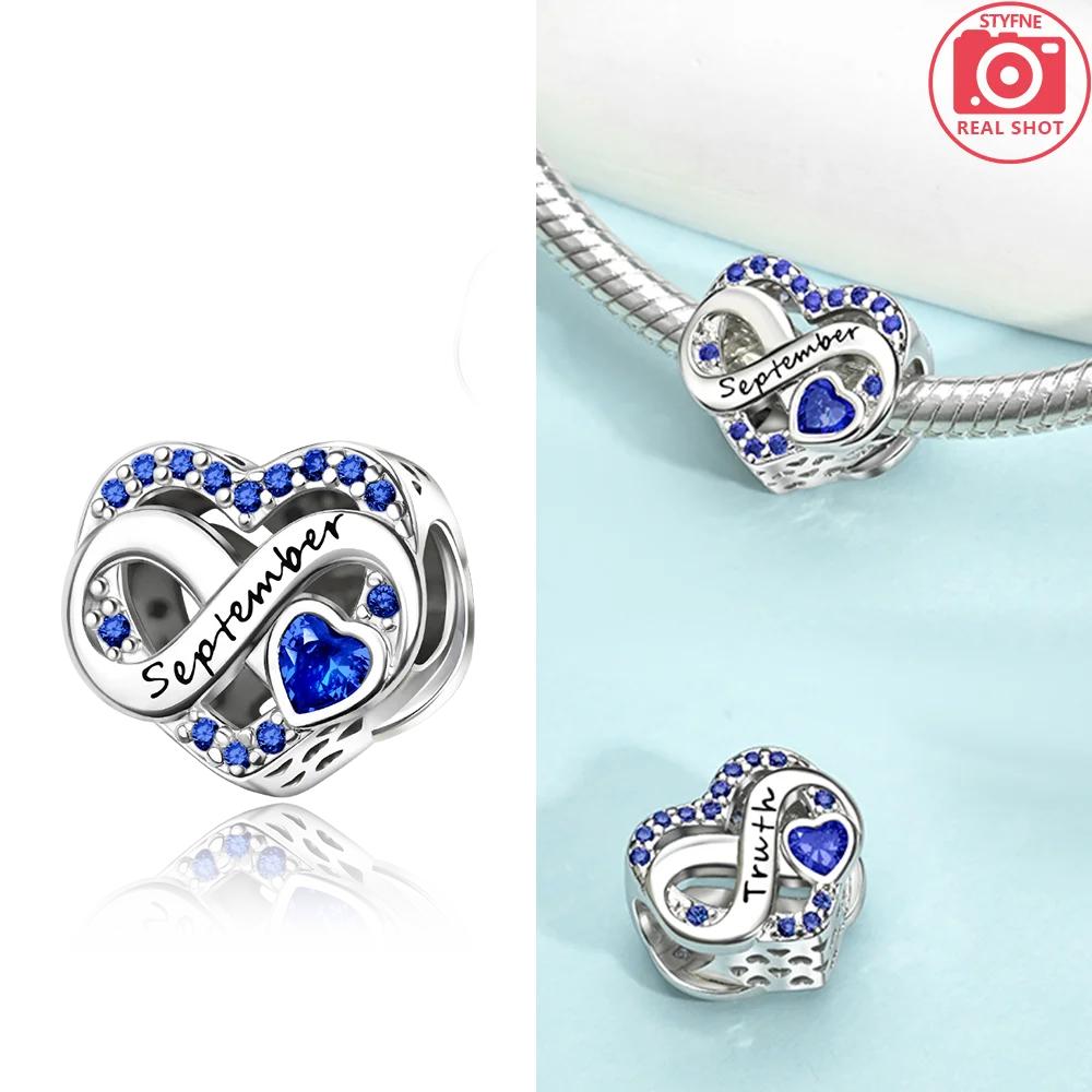 Exquisite Love Heart Blue Zircon December Infinity Birthstone Original Beads Fit Bracelet Copper Women Diy Gift Accessory