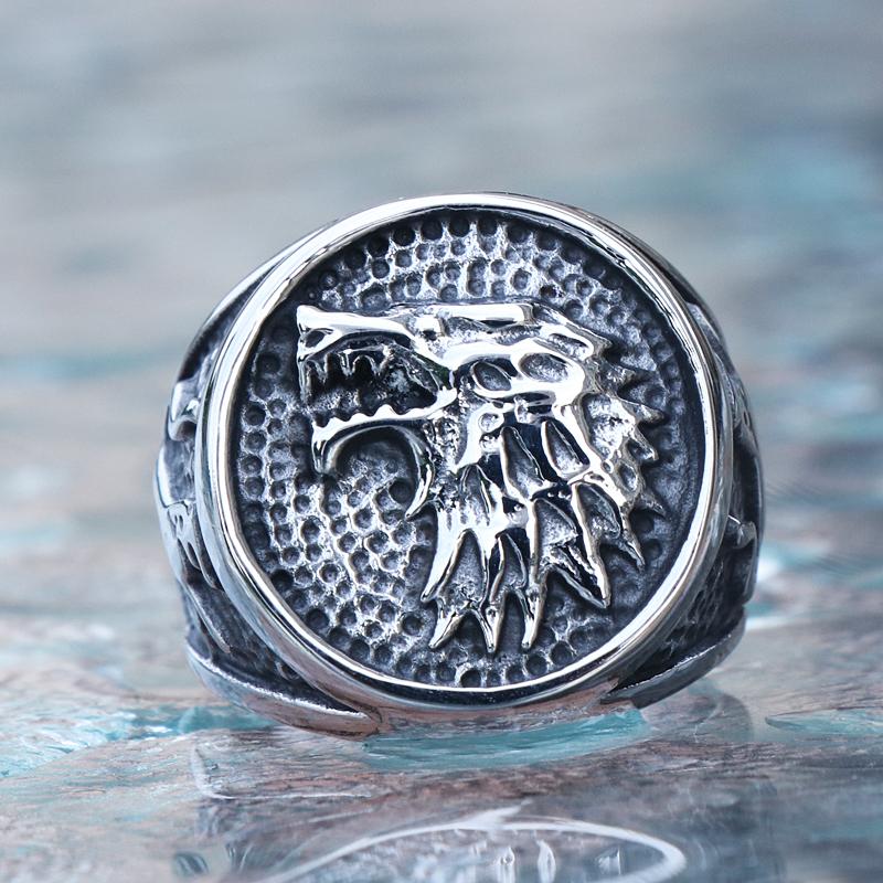 Retro Viking Stainless Steel Wolf Ring Men Biker Ice Wolf House Stark Winterfell Animal Ring Nordic Fashion Jewelry Size 7-13