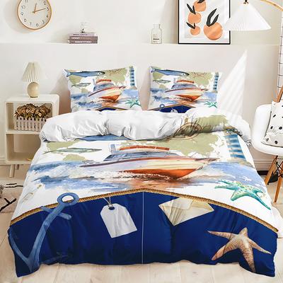 Three-Piece Set Nautical Anchor Quilt Cover Pillowcase Digital Printing Bedding Universal In All Seasons