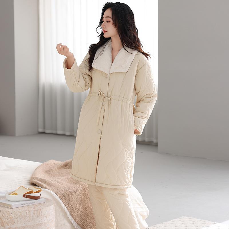 Pajamas Women'S Winter Down Cotton Three-Layer Thickened Fleece Clip Padded Jacket Warm Large Size Medium And Long Loungewear Set