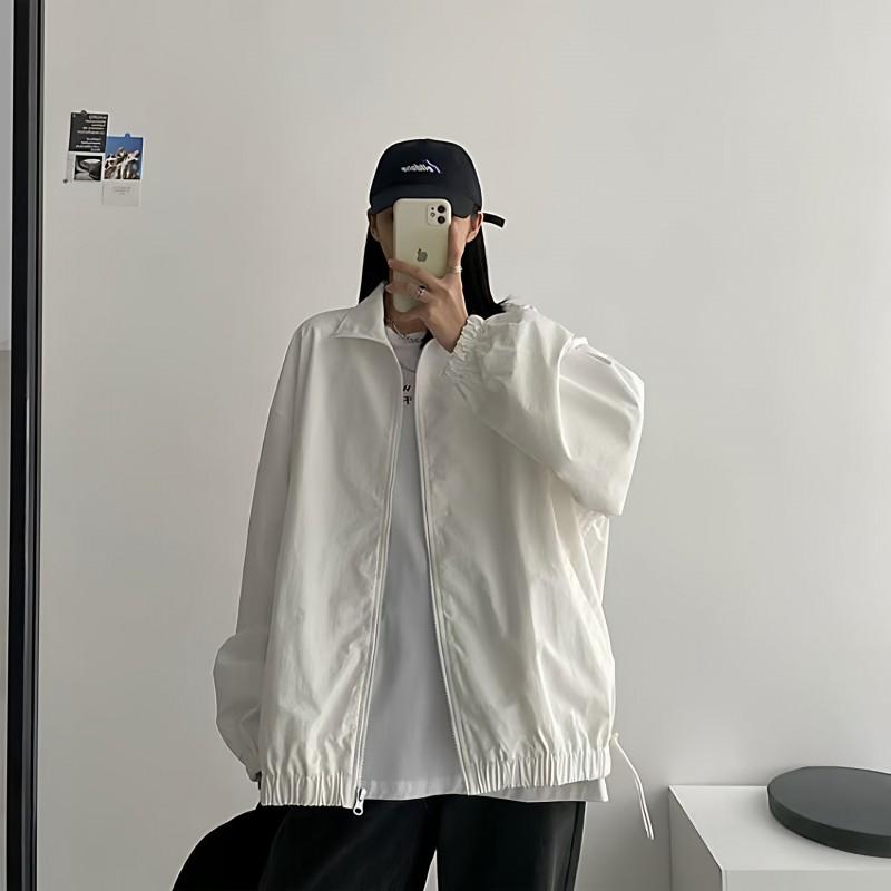 Chaqueta de Béisbol Negra Oversize para Mujer Ropa Exterior Casual de Otoño Corte Holgado Cuello Polo Manga Larga