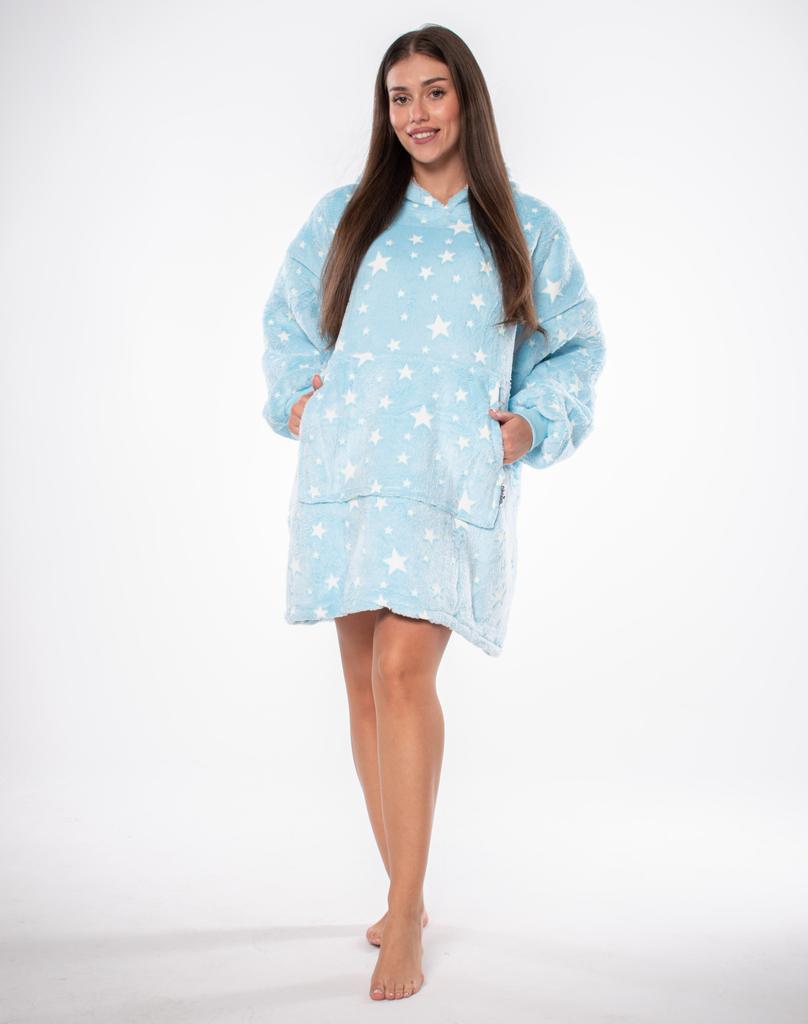 Blanket Hoodie Blanket-hoodie 2in1 Oversize Hood Thick Sherpa Blue Stars