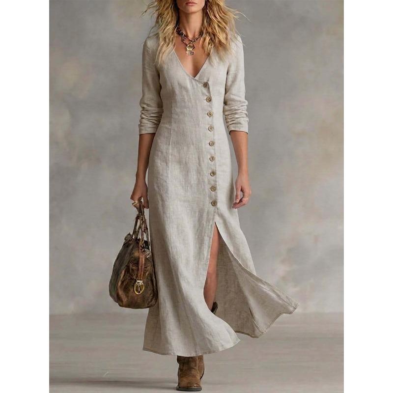 BITCED Fashion Spring Autumn Solid Color Print Long Sleeve V-Neck Casual Dresses