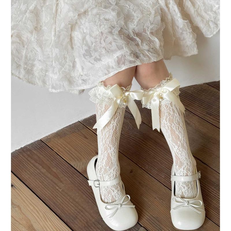 Children's Socks Summer Lolita Wooden Ear Mesh Ribbon Large Bow Mid-tube Socks for Girls