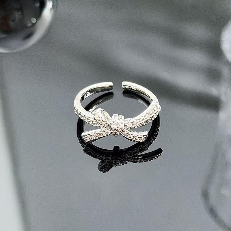 Sweet And Cool Style Bow Full Of Diamonds, Zircon Ring, Open Finger, Women'S Fashion Index Finger Ring, Stacked With Niche Rings