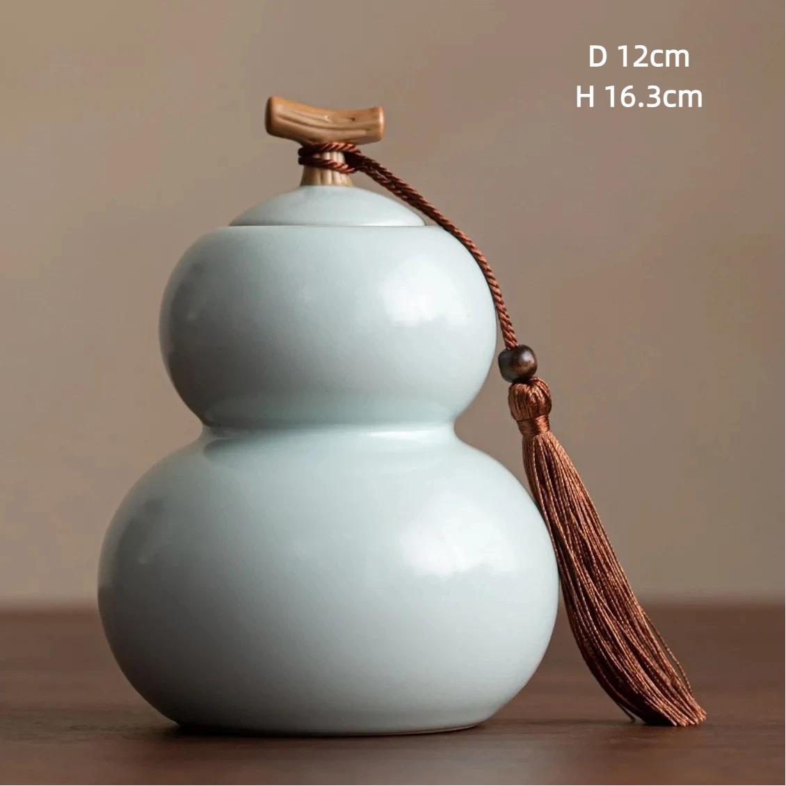 Chinese Style Ru Kiln Ceramic Tea Caddy, Gourd-Shaped Vintage Tea Storage Jar with Tassel Decor A