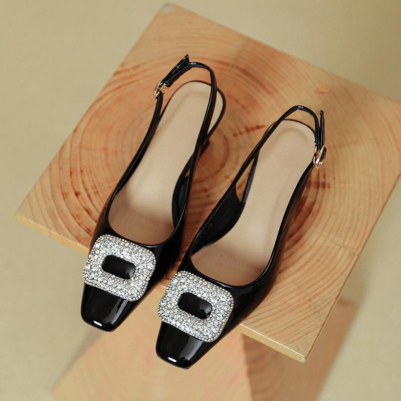 French Square Head High Heels Stiletto New Summer Empty Single Shoes Medium Heel Patent Leather Red Word with Bag Head Sandals