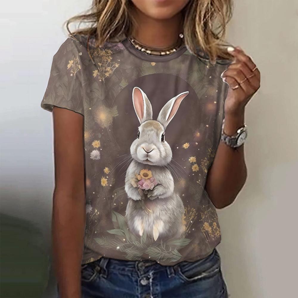 New Vintage Rabbit Print Women's T-shirt Plus Size Top 2024 Women's Clothing Fashion Short Sleeve Shirt Crew Blouse Summer