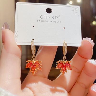 Trendy Red Zircon Maple Leaf Drop Earrings for Women Fashion Gold Color Earring INS Jewelry Party Accessories