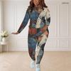 Women Plus Size Two Piece Set Round Neck Long Sleeve Printed Top And Fitted Pants