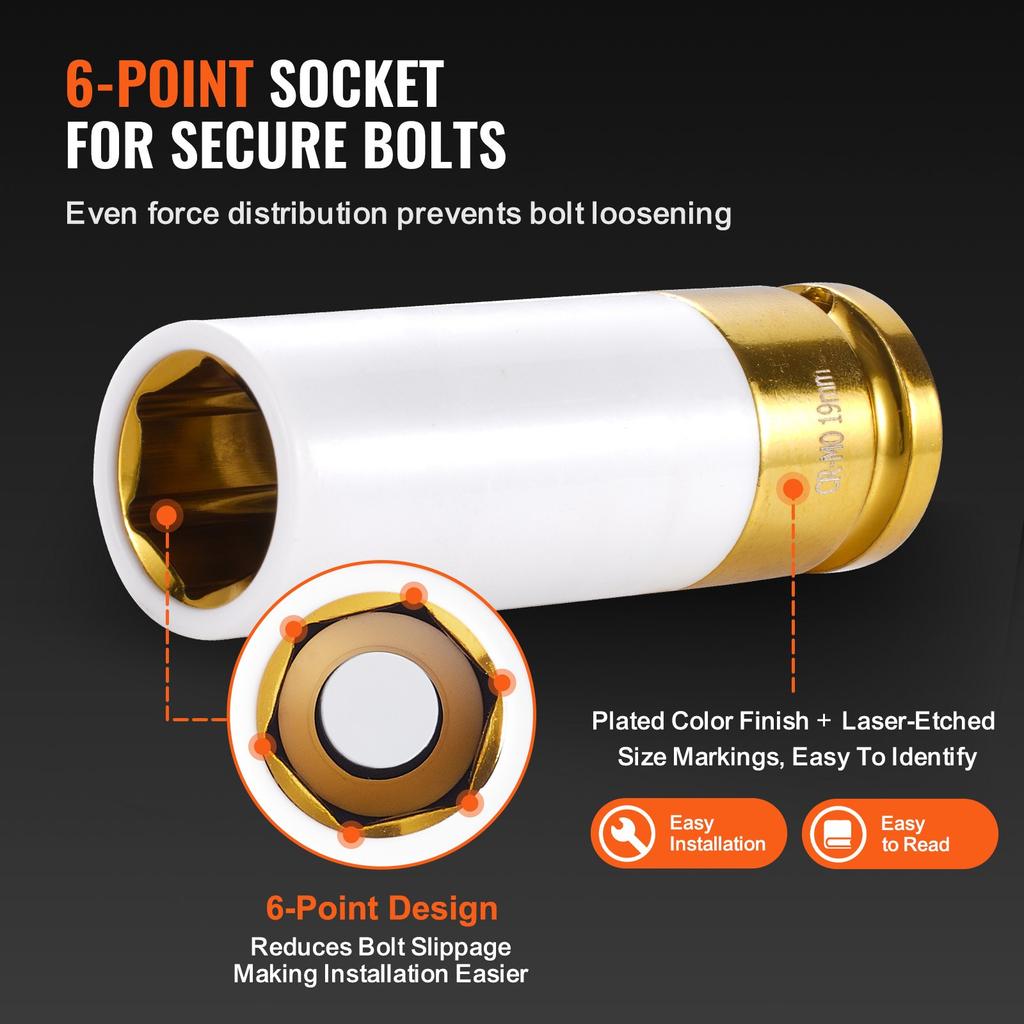 VEVOR Lug Nut Impact Socket Set, 1/2 inch Drive Metric 6-Point Deep Socket Set, 7 Total Lug Nut Sizes 17/19/21/22/23/24/27mm